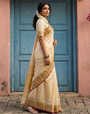 off-white cream soft silk blend saree with gold zari border  2