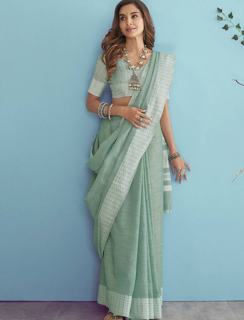 Sutriti mehendi green linen saree for women festive wear elegant ethnic party saree