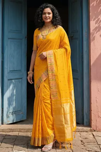Sutriti haldi mustard yellow soft silk saree with traditional zari border | festive indian ethnic wear for weddings