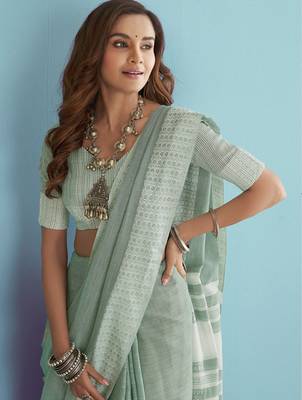 mehendi green linen saree for women festive wear elegant ethnic party saree 3