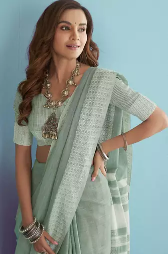 mehendi green linen saree for women festive wear elegant ethnic party saree
