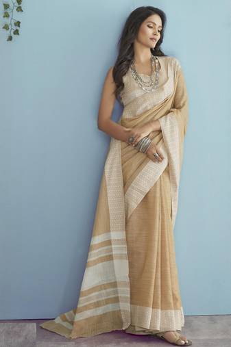 Sutriti mustard beige linen saree for women elegant festive ethnic party wear saree