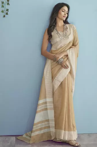 Sutriti mustard beige linen saree for women elegant festive ethnic party wear saree