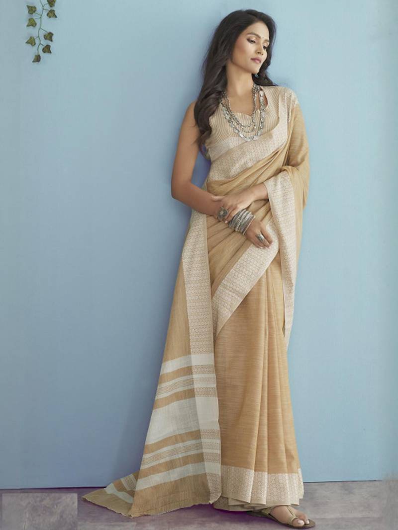 Sutriti mustard beige linen saree for women elegant festive ethnic party wear saree