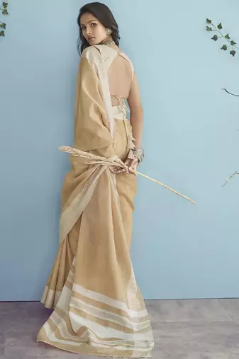 mustard beige linen saree for women elegant festive ethnic party wear saree