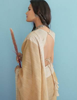 mustard beige linen saree for women elegant festive ethnic party wear saree 3