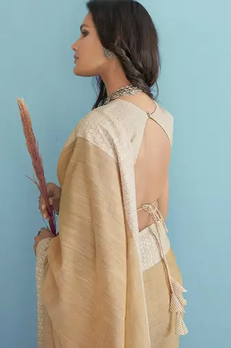 mustard beige linen saree for women elegant festive ethnic party wear saree