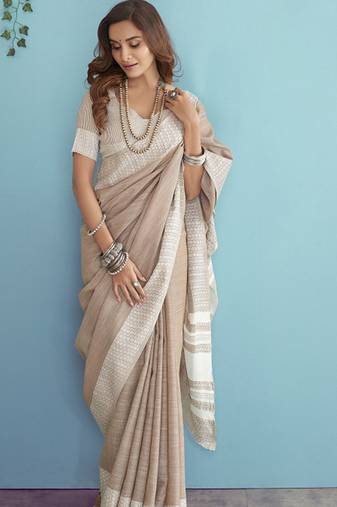 Sutriti beige linen saree for women elegant festive wear ethnic wedding party saree