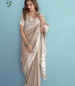 beige linen saree for women elegant festive wear ethnic wedding party saree