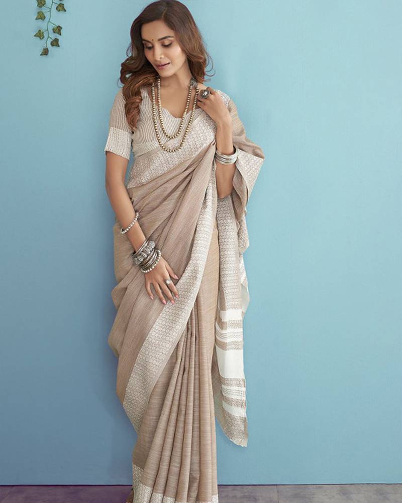 Sutriti beige linen saree for women elegant festive wear ethnic wedding party saree