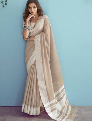 beige linen saree for women elegant festive wear ethnic wedding party saree 2