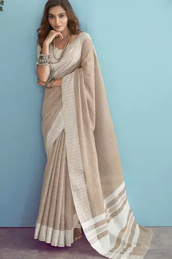 beige linen saree for women elegant festive wear ethnic wedding party saree