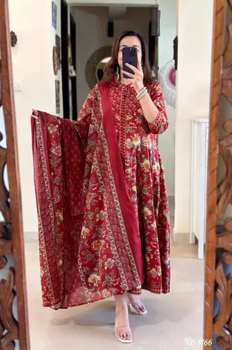 Women pure cotton floral print hand work cotton kurta with pant and dupatta 