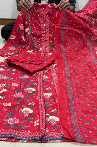 Women pure cotton floral print hand work cotton kurta with pant and dupatta 