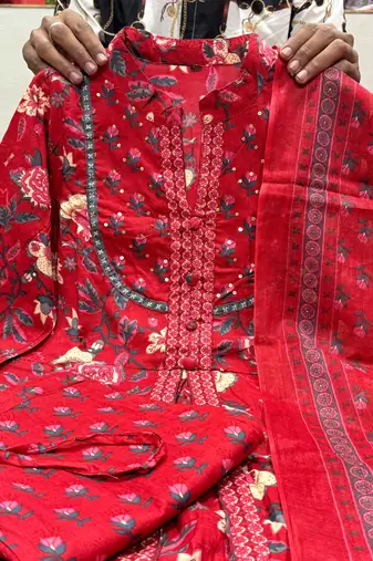 Women pure cotton floral print hand work cotton kurta with pant and dupatta 