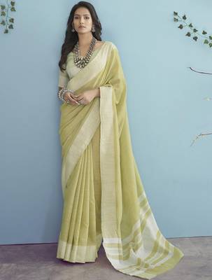 olive green linen saree for women elegant festive ethnic party wear saree 1