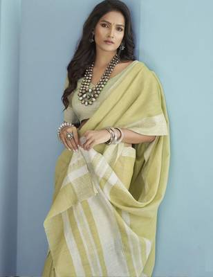olive green linen saree for women elegant festive ethnic party wear saree 2