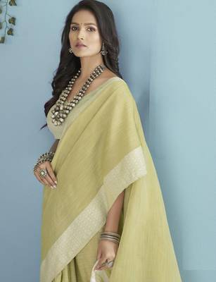 olive green linen saree for women elegant festive ethnic party wear saree 4