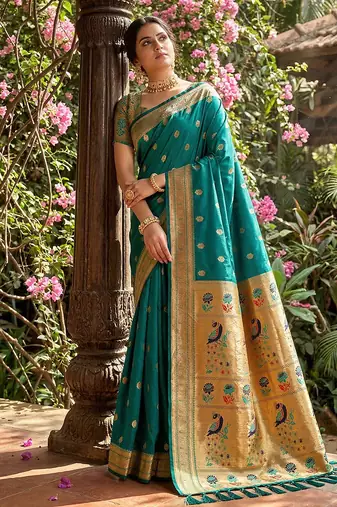 Sutriti women's teal green paithani soft silk saree for festive party wear with blouse