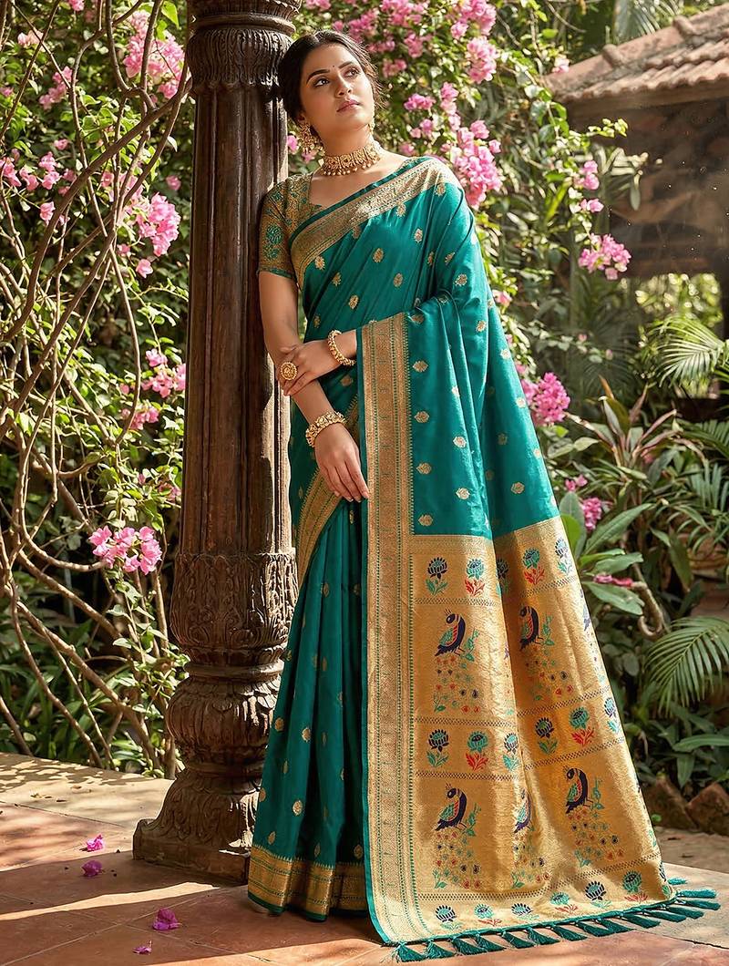 Sutriti women's teal green paithani soft silk saree for festive party wear with blouse