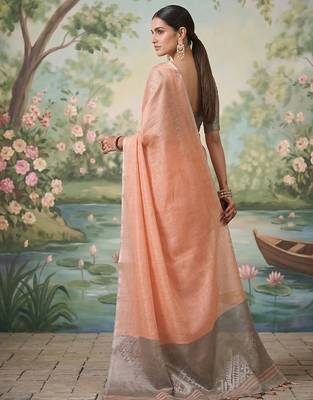 peach tissue silk blend saree for women party ethnic wear 2