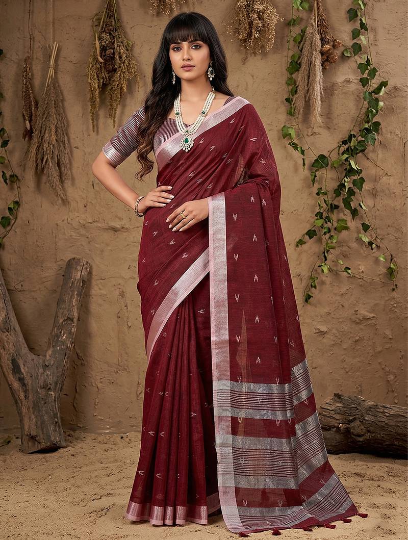 Sutriti women maroon woven design linen saree with silver zari