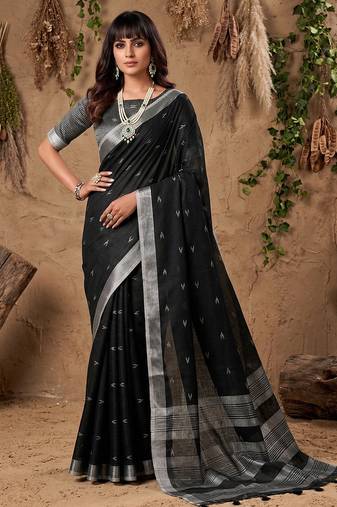 Sutriti women black woven design linen saree with silver zari
