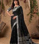 women black woven design linen saree with silver zari