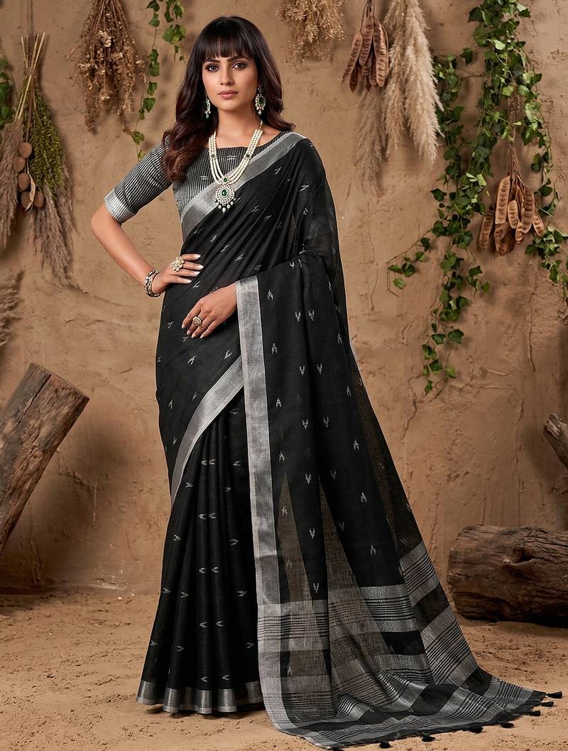 Sutriti women black woven design linen saree with silver zari