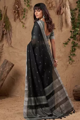 women black woven design linen saree with silver zari