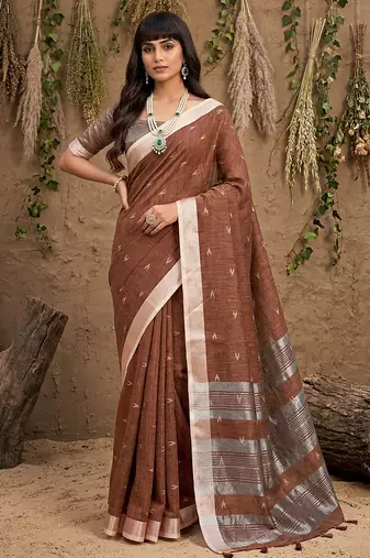 Sutriti women coffee brown woven design linen saree with silver zari