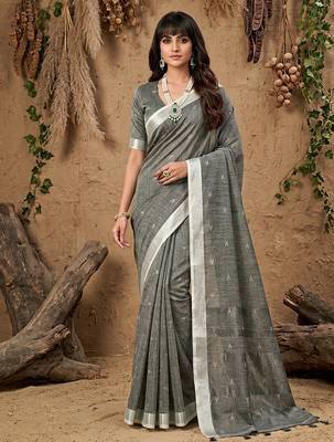 women grey woven design linen saree with silver zari 1