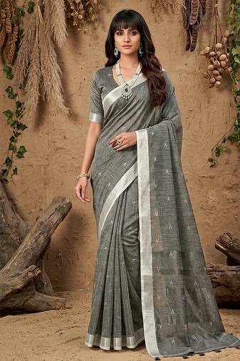Sutriti women grey woven design linen saree with silver zari