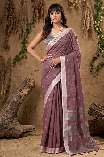 Sutriti women mauve purple woven design linen saree with silver zari