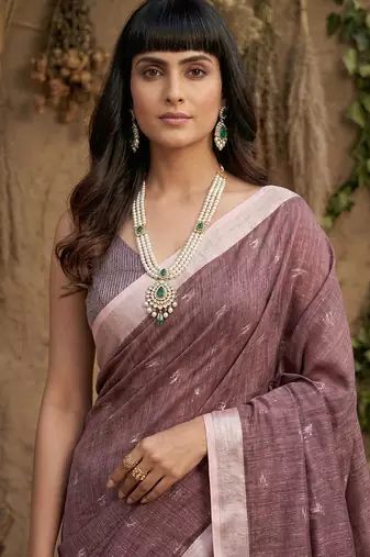 women mauve purple woven design linen saree with silver zari