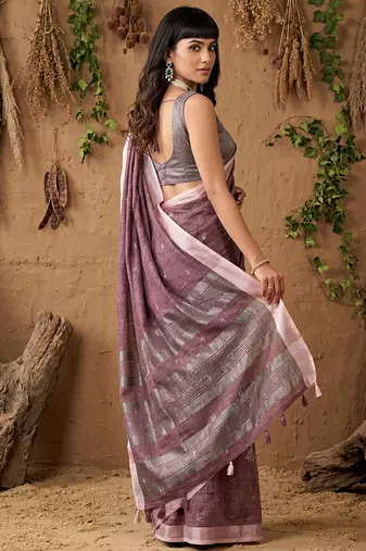 women mauve purple woven design linen saree with silver zari
