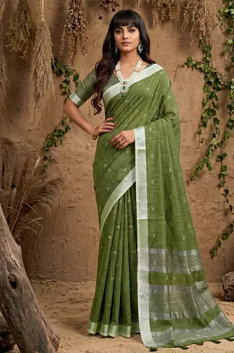 Sutriti women olive green woven design linen saree with silver zari