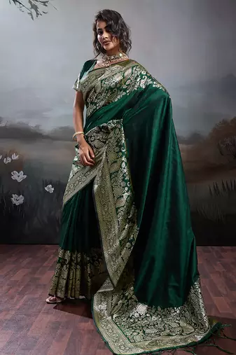 women's dark green banarasi silk blend saree for festive & wedding wear