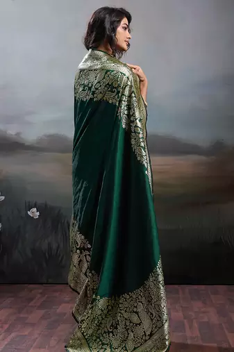 women's dark green banarasi silk blend saree for festive & wedding wear