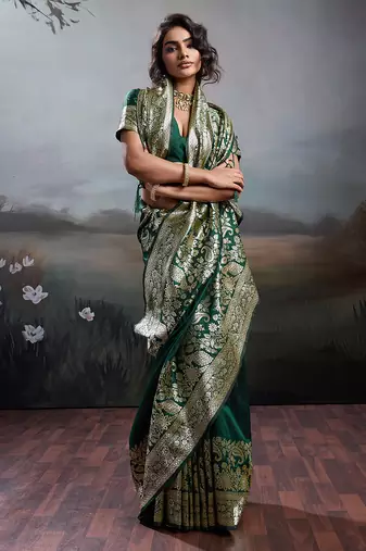 women's dark green banarasi silk blend saree for festive & wedding wear