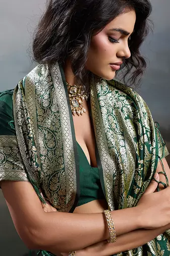 women's dark green banarasi silk blend saree for festive & wedding wear