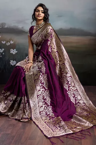 women's purple banarasi silk blend saree for festive party & wedding wear