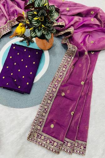 Meganta Color Sequins with Zari Thread Embroidered Butti Silk Saree