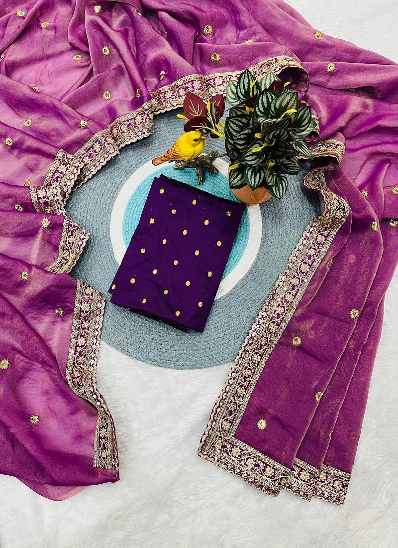 Meganta Color Sequins with Zari Thread Embroidered Butti Silk Saree