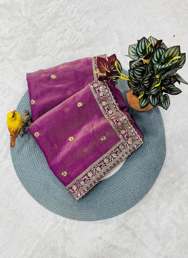 Meganta Color Sequins with Zari Thread Embroidered Butti Silk Saree