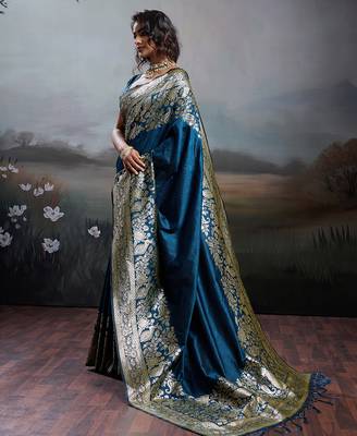 women's navy blue banarasi silk blend saree for festive party & wedding wear 3
