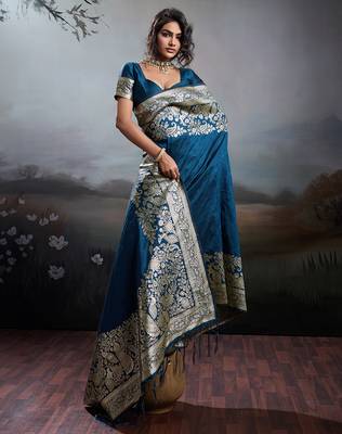 women's navy blue banarasi silk blend saree for festive party & wedding wear 4