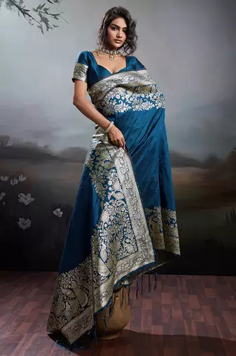 women's navy blue banarasi silk blend saree for festive party & wedding wear