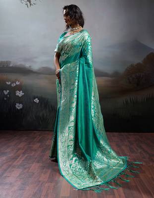 women's teal green banarasi silk blend saree for festive party & wedding wear 2