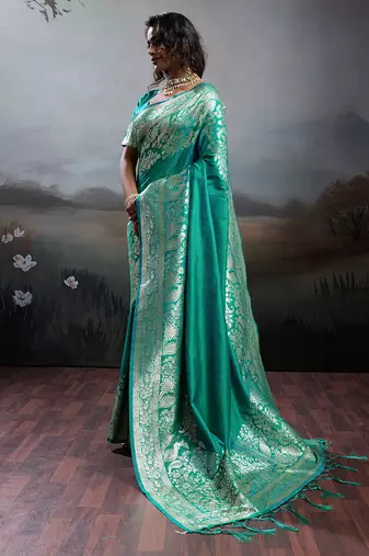 women's teal green banarasi silk blend saree for festive party & wedding wear
